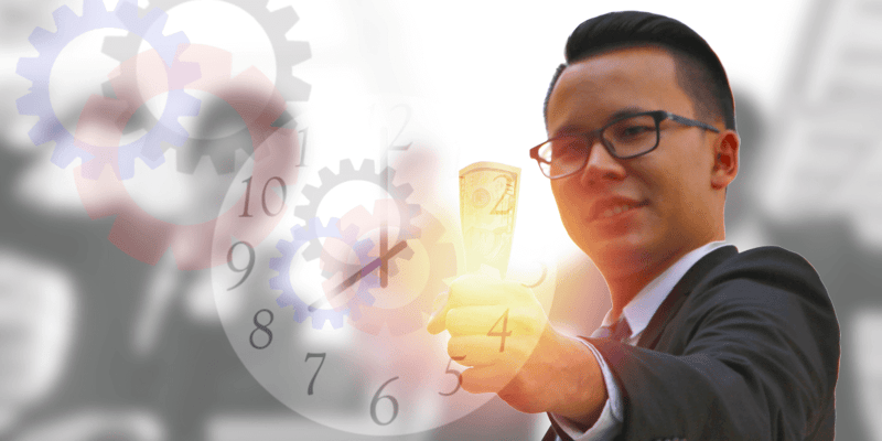 A man in a suit holding a dollar bill with overlaid gear cogs and a clock face.