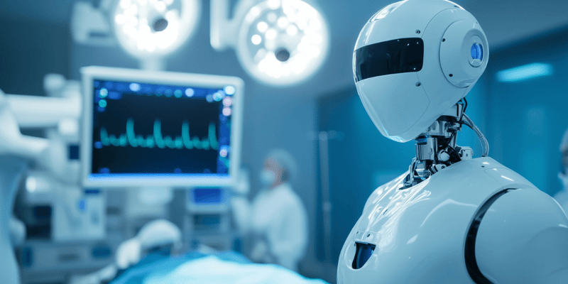 A humanoid robot in a modern operating room with a heart rate monitor in the background.