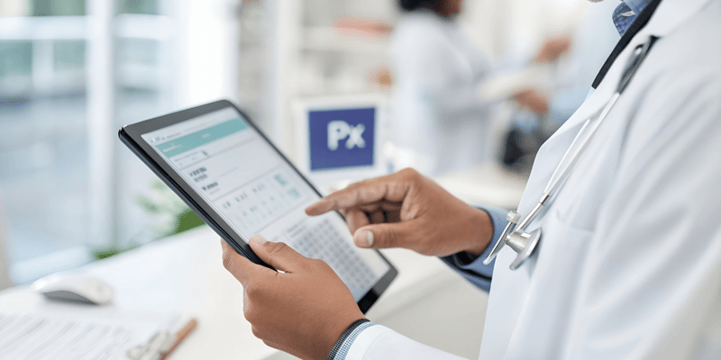 A doctor looking at patient charts on a tablet. 